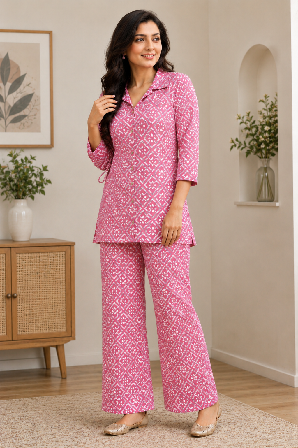 Women Floral Printed Cotton Kurti With Bottomwear Set